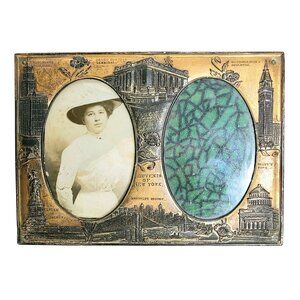 Antique 1910s New York Photo Frame 5x7 metal souviner raised relief Statue Liber